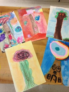 Lower elementary oil pastel and watercolored trees.